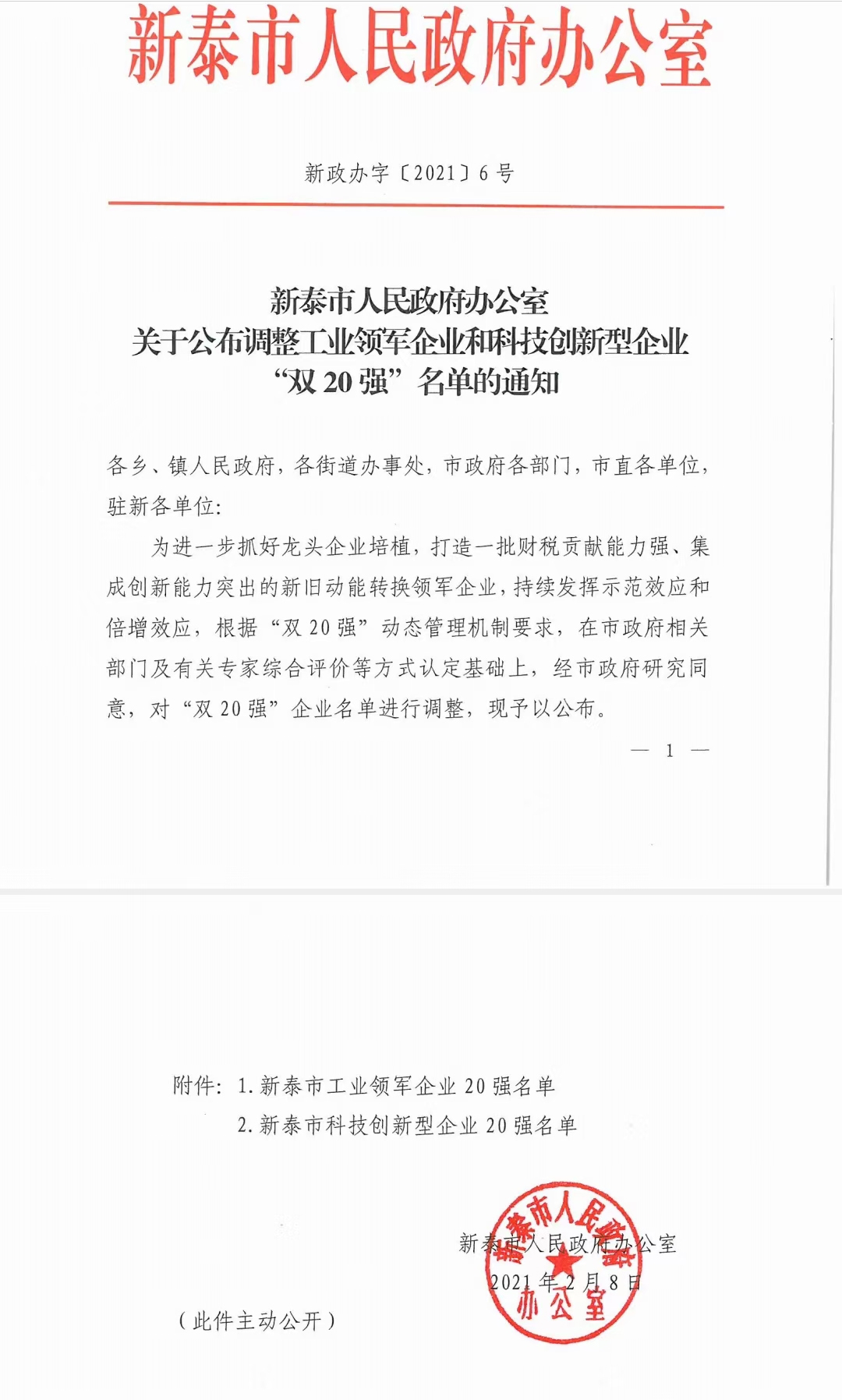 喜訊！公司榮獲“新泰市科技型創(chuàng)新企業(yè)20強(qiáng)”榮譽(yù)稱號(hào)(圖1)